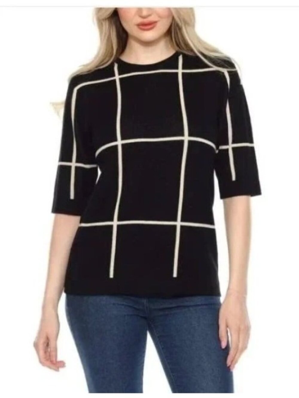 NWT Wrapper Women's M Elbow Sleeve Black Grid Sweater Rayon Blend B1396